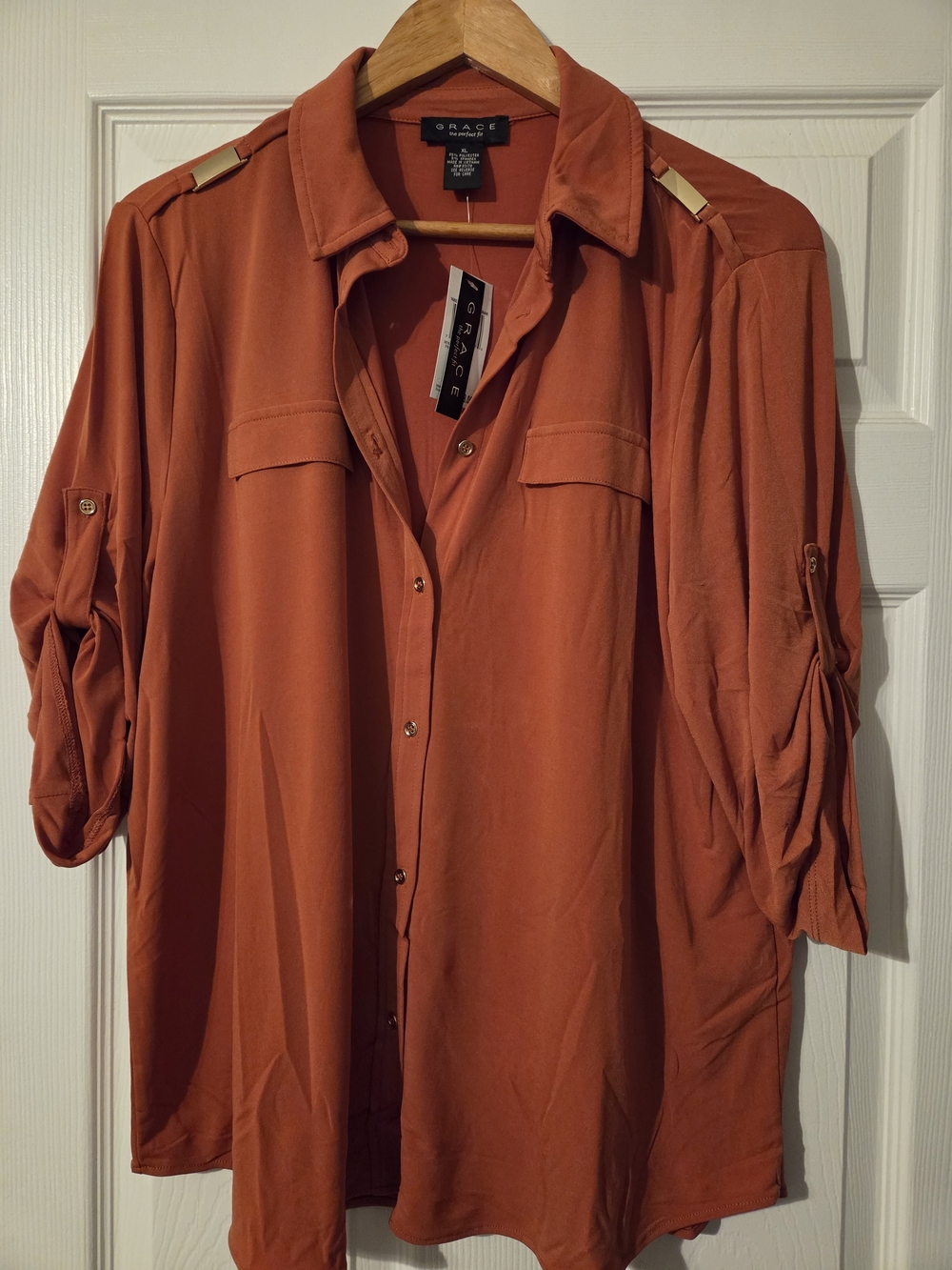Grace Women's Rust Button-Front Roll-Tab Shirt Jacket